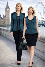 Carlisle Set of 2 Teal Black Fitted Zip Up Blazer Jacket & Tank Top Size Small