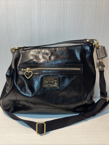 COACH DAISY LIQUID GLOSS PATENT LEATHER BLACK HOBO SHOULDER BAG PURSE F20108 EUC - Picture 1 of 14