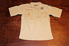 Boy Scouts of America BSA Youth Shirt Tan Large Sewn Patches Short Sleeve