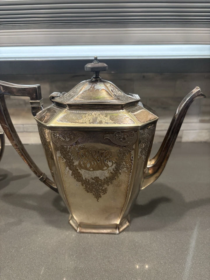 Antiguo juego de té Barbour de 5 piezas enchapado en plata estilo federal años 20 Foto 4 de 4