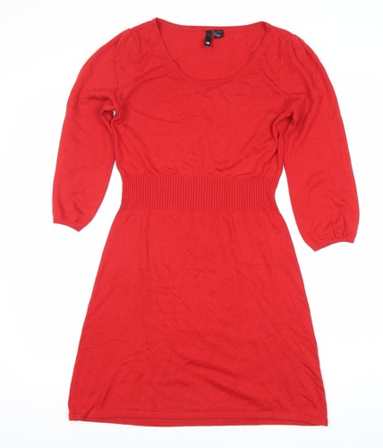 H&M Divided Damen Strick Pullover Kleid rot Größe 10 U-Ausschnitt 3/4 Arm
