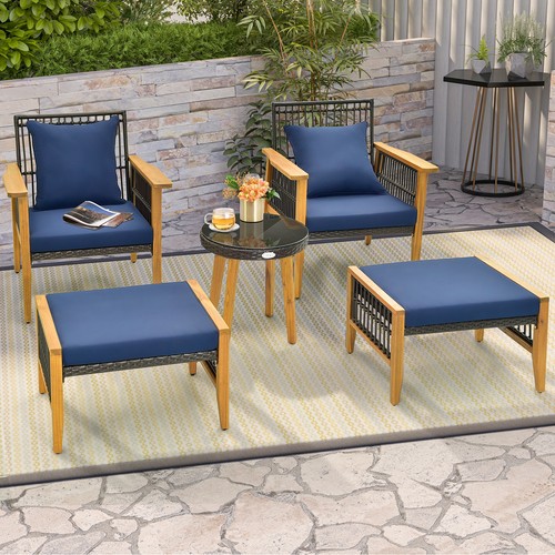 5 Piece Patio Wicker Woven Chair Set w/Coffee Table, 2 Ottomans, Back Cushions - Picture 4 of 10