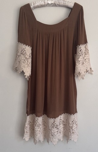 Womens Umgee A7797 Brown with Ivory Crochet Trim BOHO Cottagecore Tunic Dress M - Picture 7 of 11