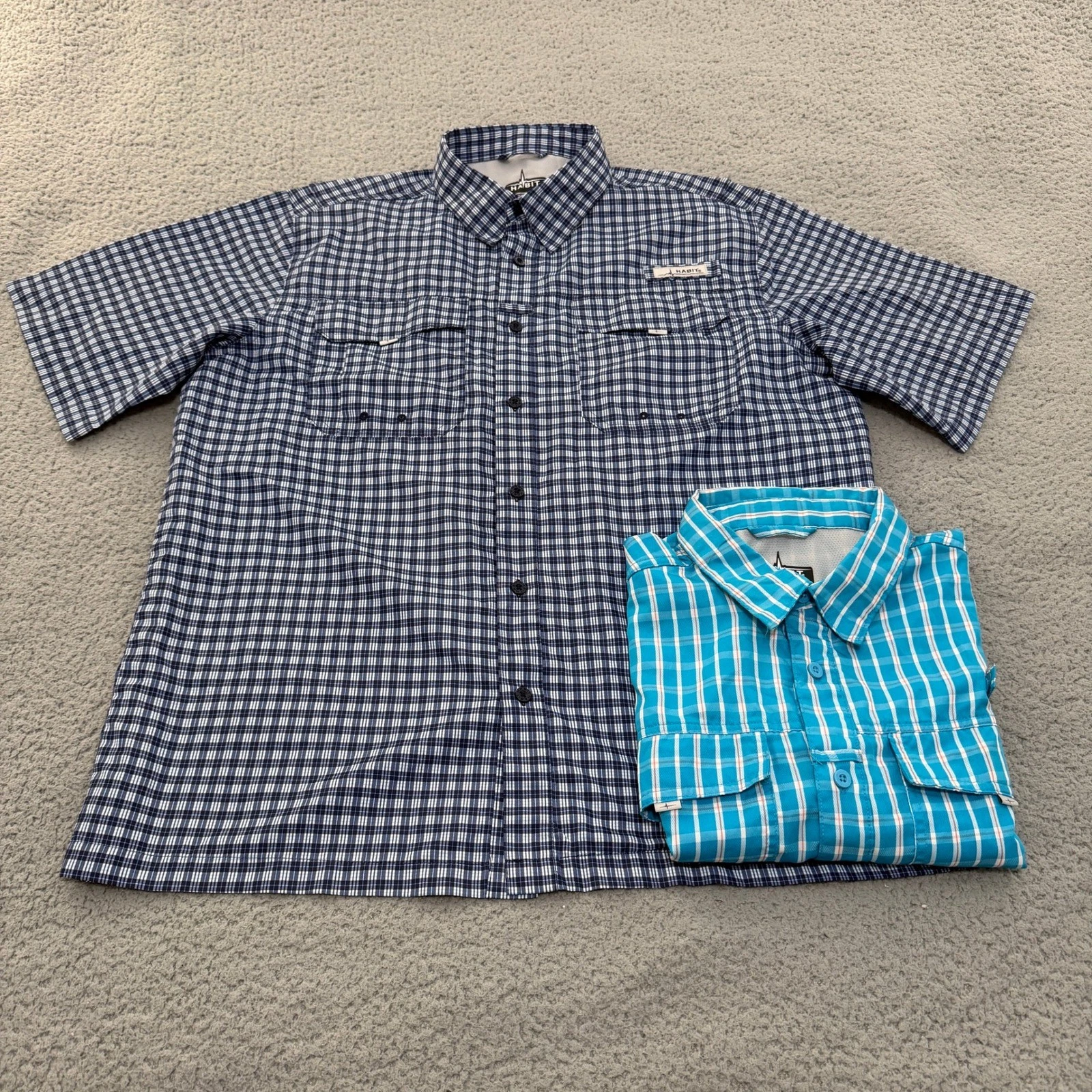 Habit Fishing Shirts Mens Large Short Sleeve Plaid Blue Lot of 2 Vented Outdoor