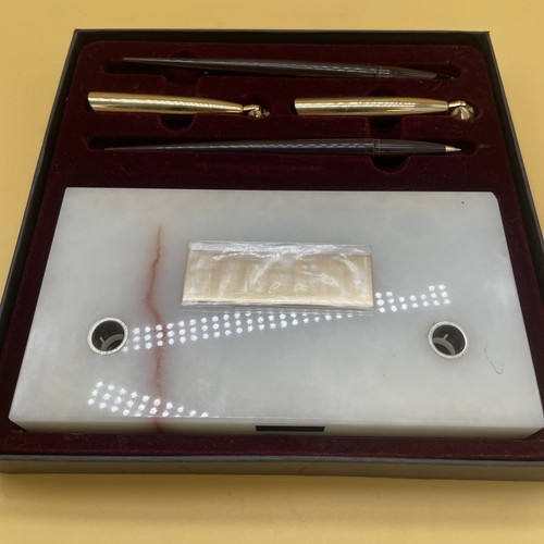 Sheaffer Mexican White Onyx Double Desk Set - M14 - Ball And Fountain Pen Set! - Picture 10 of 11