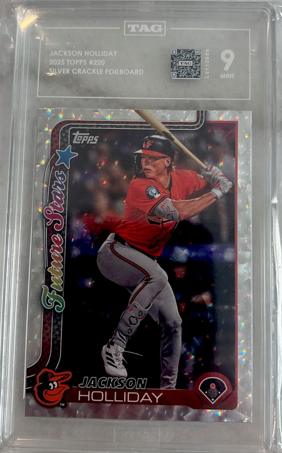 2025 Topps Series1-Future Stars Jackson Holliday Silver Crackle Foilboard- TAG 9