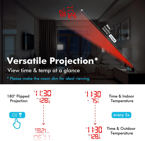 Reloj Proyector Digital Techo Temperatura Interior Exterior Alarmas Luz Colores - Picture 2 of 12