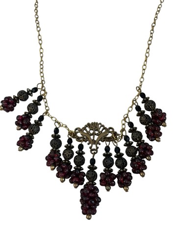 Vintage Grape Cluster Statement Necklace Brass Filigree Red Glass Bead - Picture 2 of 5