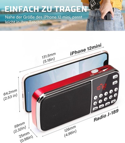 PRUNUS J-189 Radio FM UKW Bluetooth Akku Wiederaufladbar USB AUX Bass Lampe Rot - Bild 2 von 6