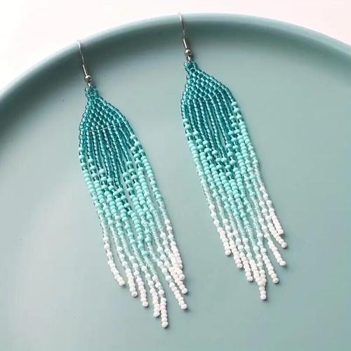 Teal Blue Bohemian Style Hand Braided Long Tassel Beaded Earrings Women Fashion - Picture 2 of 5