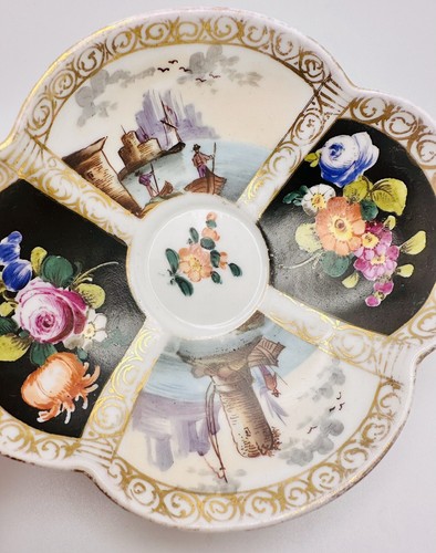 Helena Wolfsohn Dresden Quatrefoil Black Floral Cup & Saucer Harbor Ships Teacup - Picture 9 of 14