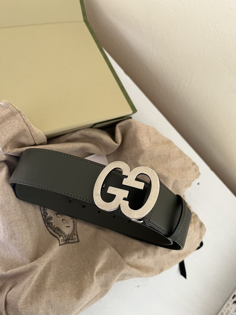 NEW GUCCI Men's GG Buckle Wide Belt In Dark Green Leather Sz