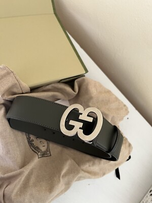 NEW GUCCI Men's GG Buckle Wide Belt In Dark Green Leather Sz