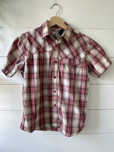 Volcom Tailored Shirt Button Down Boys Medium Red Plaid Short Sleeve - Picture 10 of 10