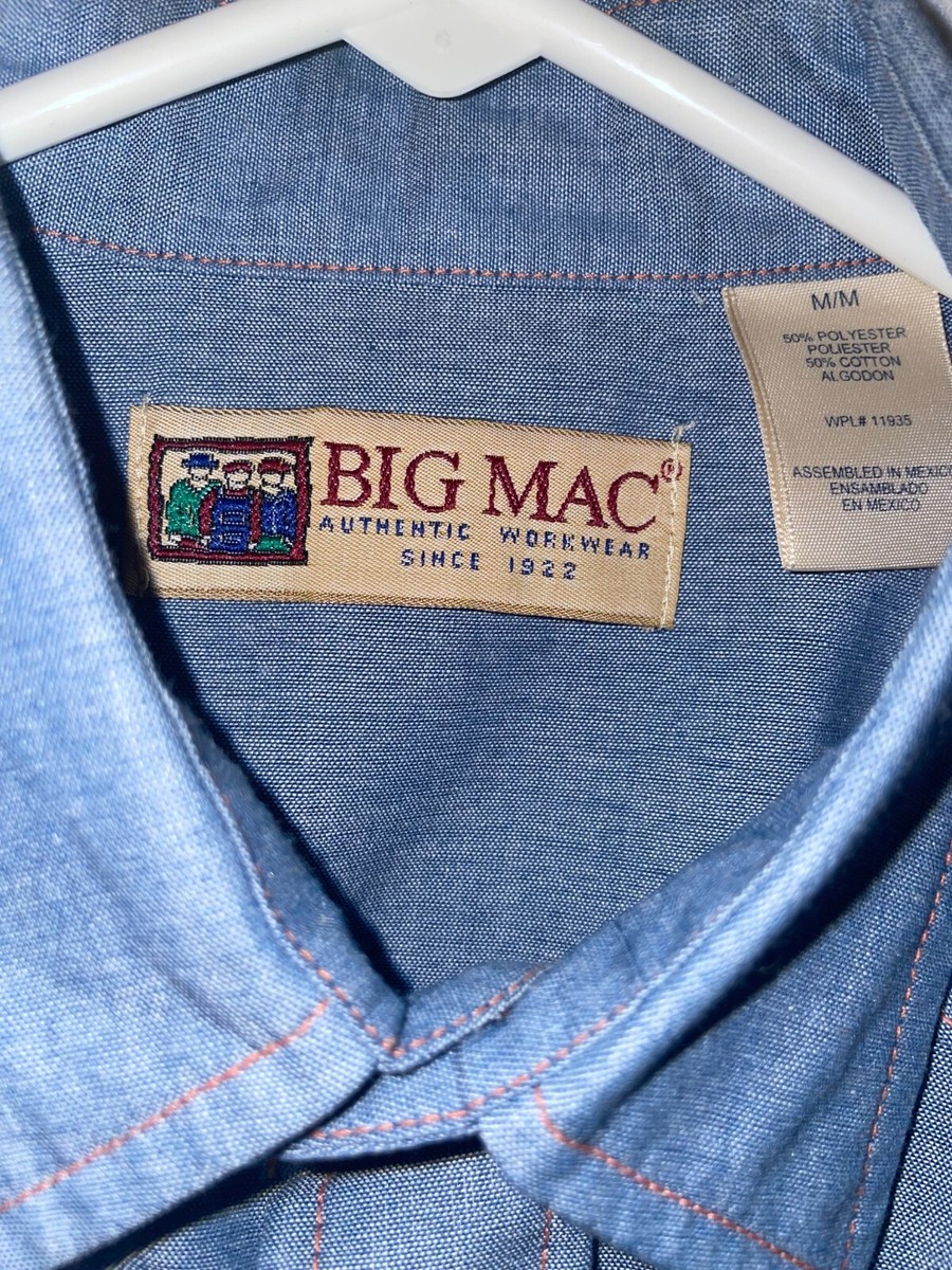 Vintage Big Mac Shirt Mens M Blue Work Mechanic Pearl Snap