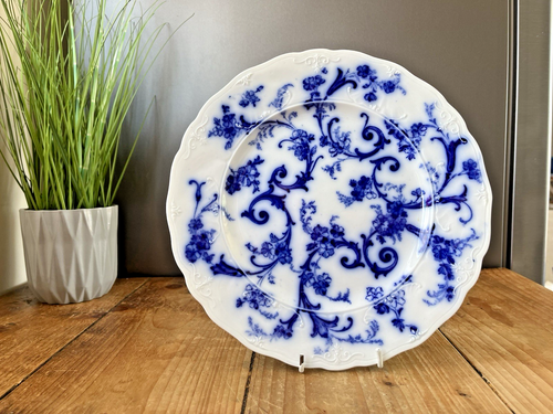 ANTIQUE c1890'S SET OF 4 FLOW BLUE & WHITE RIDGWAYS GAINSBOROUGH DINNER PLATES - Picture 7 of 13