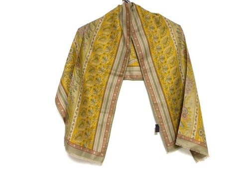 Auth ETRO LightGreen Yellow Multi Wool Silk Scarf