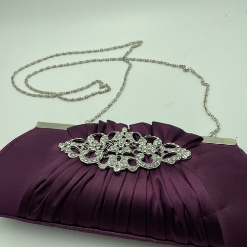 Cocktail Evening Handbag Purple Clutch Purse Satin Pleated Shoulder Strap Bling - Bild 7 von 10