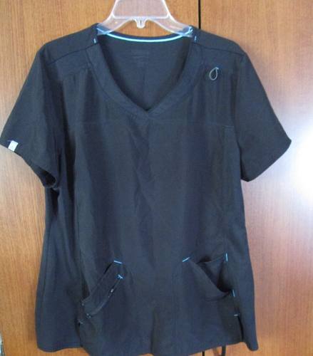 Black w Teal Scrub Top Sz Large Fabric Blend Bust 45 Length 26.5 - Picture 1 of 5