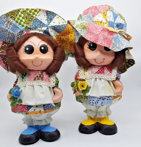 (2) Holly Hobbie type Big eyed Doll 1970s gingham Paper Mache Vintage Prairie - Picture 1 of 15