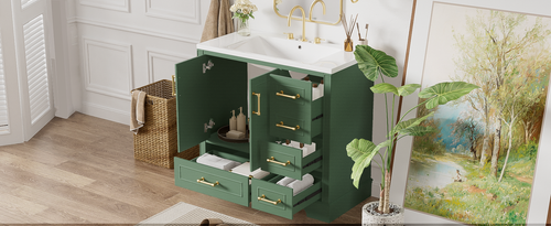 36'' Bathroom Vanity w/Resin Sink Combo Set, Green Bathroom Cabinet w/4 Drawers - Picture 4 of 12