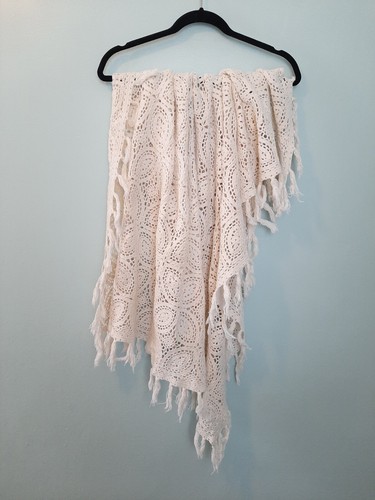 Ecru Cotton Crochet Fringe Card Tablecloth Boho Cottage Country Farmhouse 46" Sq - Picture 1 of 6