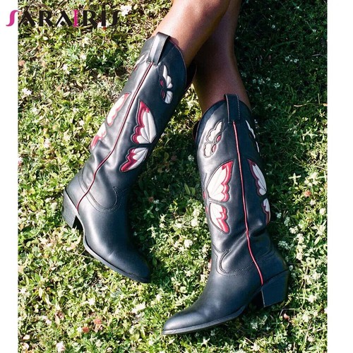 Women's Western Boots Heels Butterfly Cowgirl Cowboy Long Boots Shoes For Woman - Picture 3 of 23