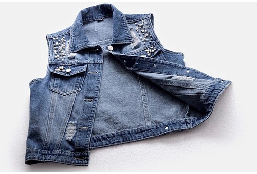 Mujer Chaleco Perlas Vaquero Chaleco Chaqueta Abrigo Sin Mangas Retro Casual Top - Imagen 3 de 6