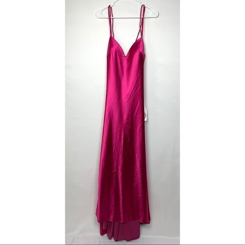 NWT Ieena MacDuggal Satin Strappy Plunge Lace Up Satin Sheath Gown Dress Pink 8 - Picture 4 of 12