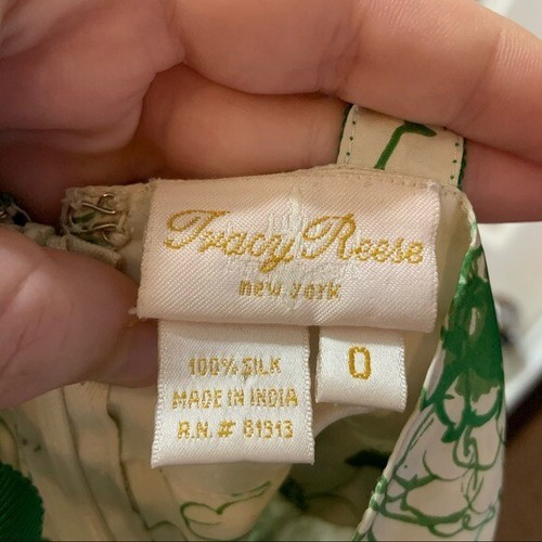 Robe femme Tracy Reese en soie imprimé vert/crème dos croisé taille 0 - Photo 2/10