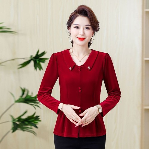 Lady Velvet Peplum Tops Shirt Causel Frill Long Sleeve Blouse T-shirt Slim Basic - Picture 15 of 25