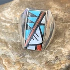Mens Blue Turquoise & Spiny Oyster Zuni Sterling Silver Ring Inlay Size 15 12427