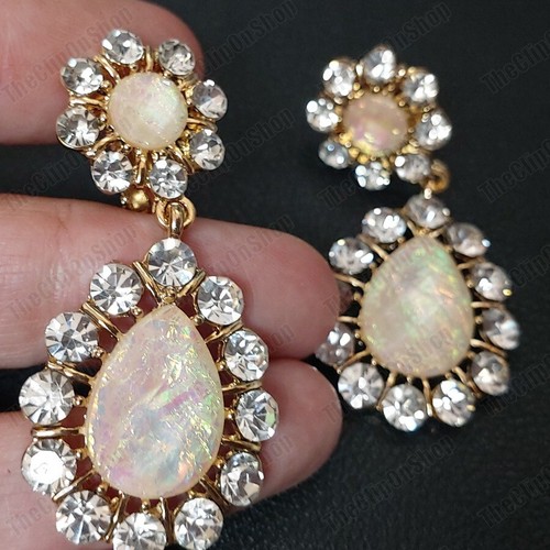 5cm CLIP ON drop EARRINGS non-pierced CREATED FIRE OPAL BEAD&AUSTRIAN CRYSTAL - Picture 5 of 7