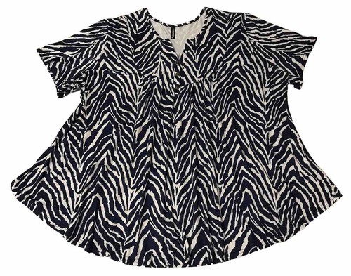 Allegrace Geometric Shirt Women 4X Top Blue White Relaxed V Neck Casual Short Sl