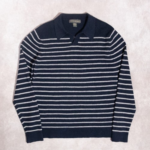 Banana Republic 100 % Wolle Polokragen gestreifter Pullover blau weiß Herren Large