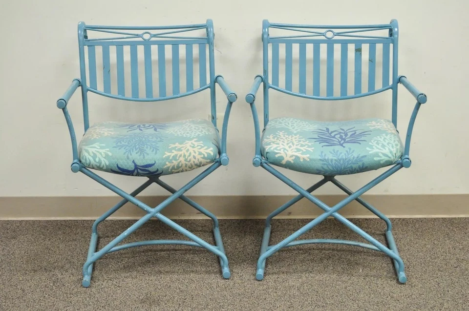 Vintage Hollywood Regency X-Frame Blue Iron Curule Directors Arm Chairs B - Pair Foto 2 de 4