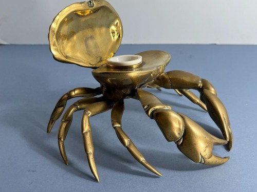 SCARCE UNUSUAL ANTIQUE VICTORIAN BRASS NATURALISTIC CRAB INKWELL & LINER - Picture 12 of 24