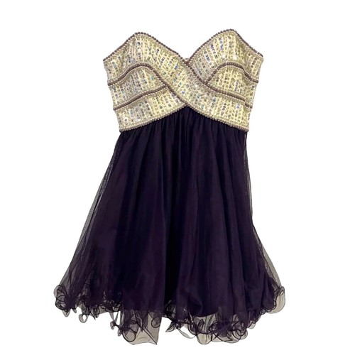 Blondie Nites Dress Cream Purple Strapless Formal Glam Beaded Tulle Sweetheart 9