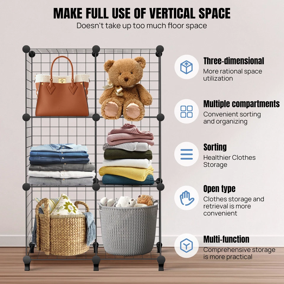 6 Cubes Interlocking Storage Unit With Metal Wire Mesh Black Multifunctional New - Image 3 of 4