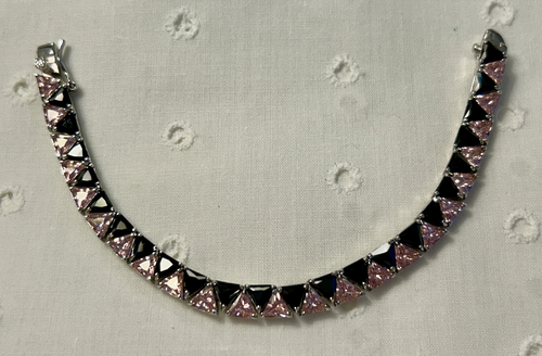 Sterling Silver Trillion Cut Black & Pink Tennis Bracelet - Picture 1 of 9