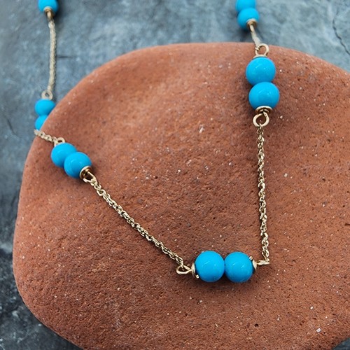 14k .585 4 mm Turquoise Bead Station Sz 10" Anklet Au 24108 - Picture 4 of 6