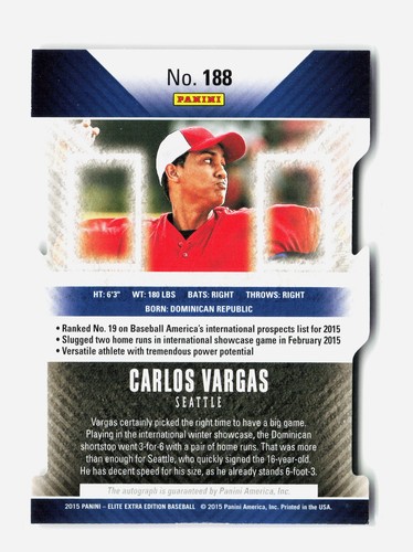 2015 Panini Elite Extra Ed #188 Carlos Vargas Purple Status-Die Cut Auto #/75 - Picture 2 of 2