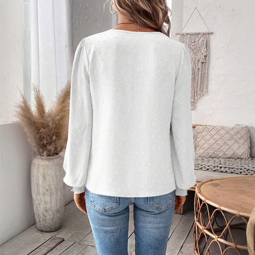 Women Lace V Neck Tunic Tops Ladies Casual Loose Long Sleeve Plain Blouse Shirt - Picture 8 of 22