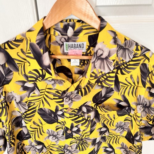Haband Shirt Mens XL Yellow Black Floral Tropical All Over Print Hawaii - Picture 15 of 20