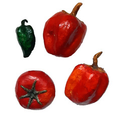 4 Paper Mache Peppers and a Tomato Realistic Display Food Vintage