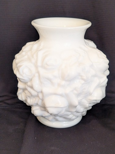 Imperial Glass BELLA ROSE White Matte Milk Glass Raised Relief 6.5" Vase
