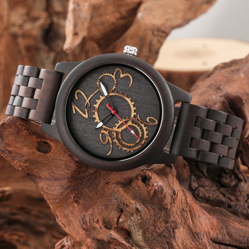 Retro Natural Wooden Watches Mens Quartz 3D Gear Design Vintage Wood Wrist Watch - Picture 8 of 12
