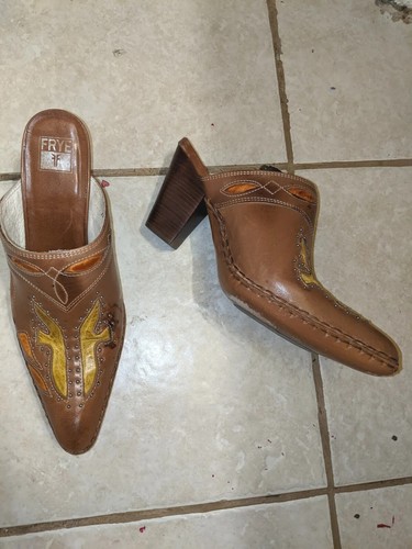 Frye Cowboy heels Phoenix Slip On size 8.5 Brown Leather Pointed Toe Mules