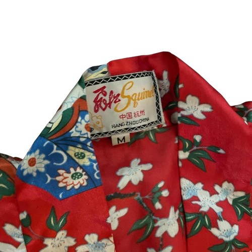 1990s Vintage Red Asian Cherry Blossom Motif Satin Open Front Robe Medium - Picture 4 of 4