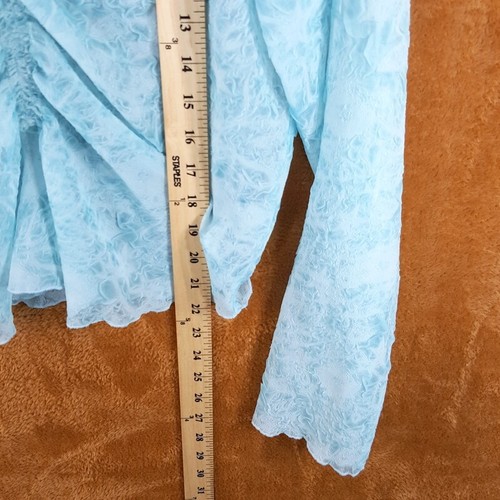 OPENING CEREMONY Top Womens Large Blue Pullover Crinkle Sheer Cinched VNeck Knit - Picture 7 of 8